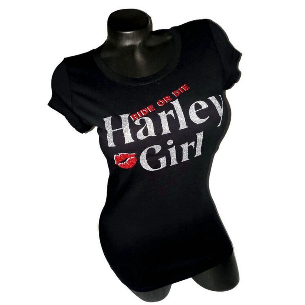Harley Girl Ride or Die Fitted Spandex Black Tee with Shiny Lettering.